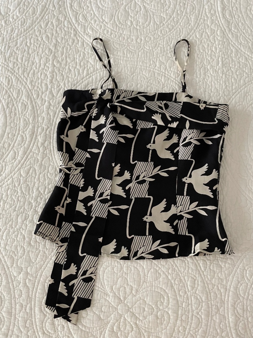 Vintage I Love Ringspun Dove Bird Print Silk Blend Tie Front Cami Top Size 1
